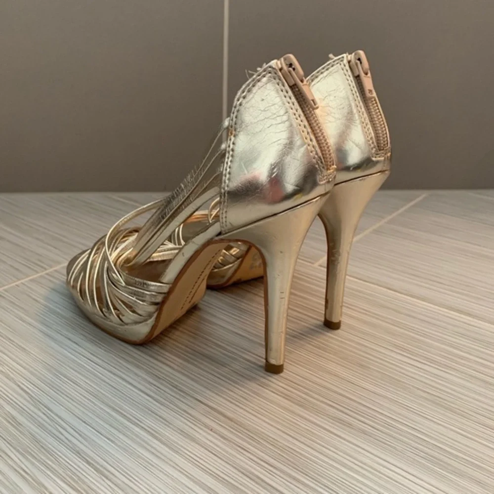 Chinese Laundry gold strappy platform heels